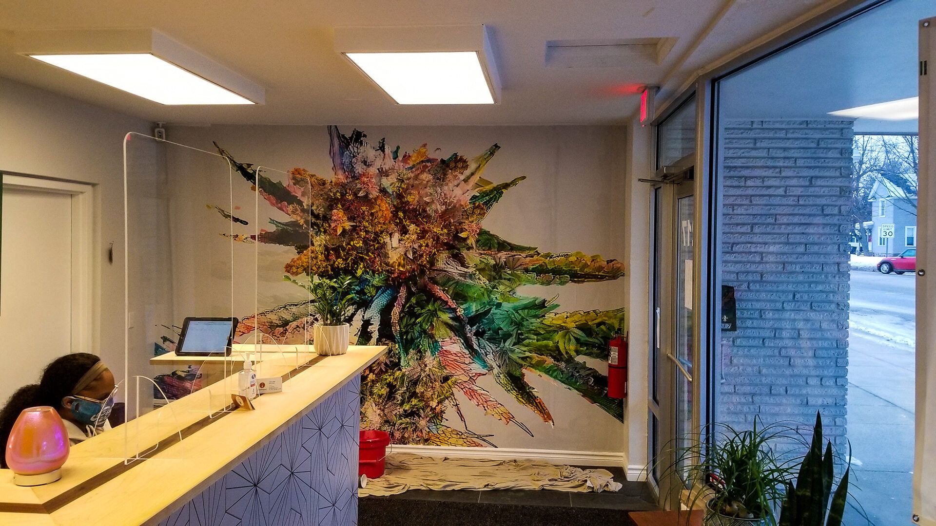 Large-format mural, installed — the full sweep of the custom
