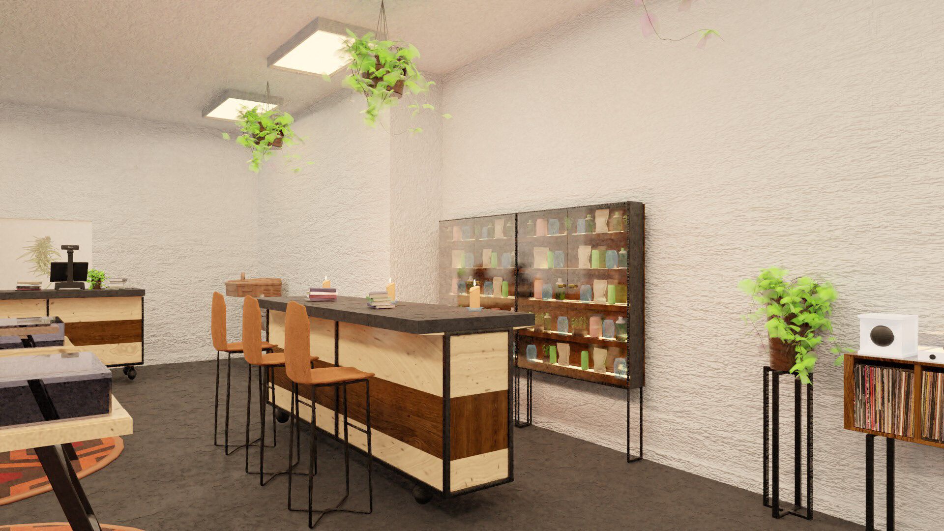 WellFlower 3D render, display cases and lighting